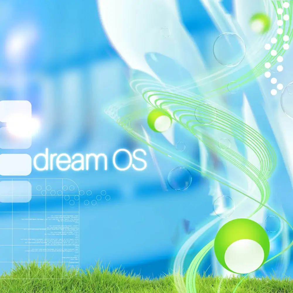 Futuristic graphic with “dream OS” text on a blurred blue background. Green swirls and spheres, bright white elements, and grass at the bottom give a nostalgic yet fresh, modern feel.