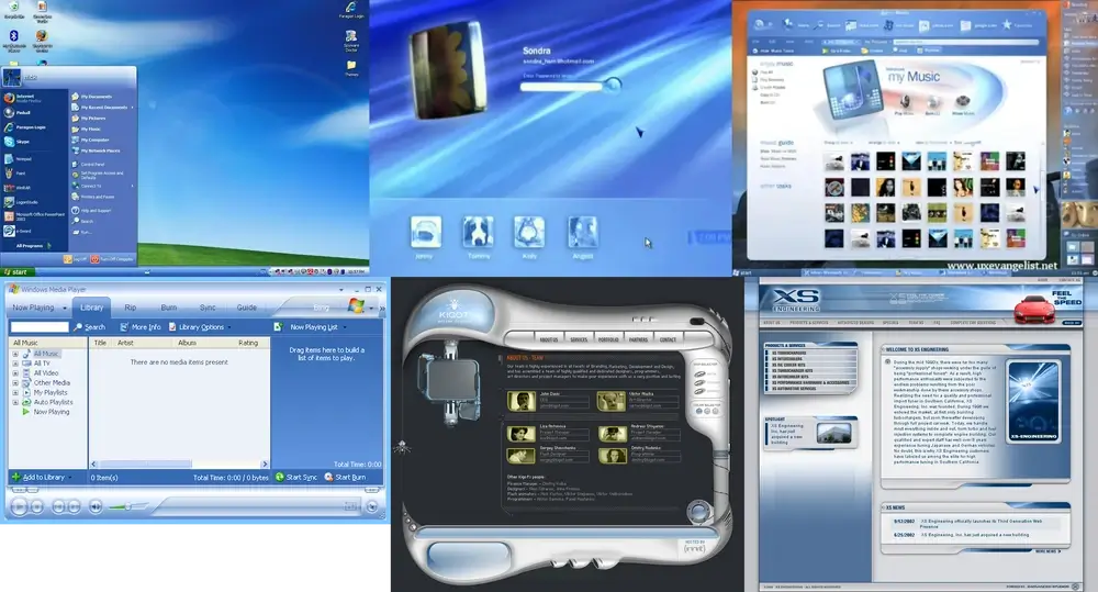 Collage of Windows XP-themed interfaces, featuring blue toolbars, media players, and desktop screens. Nostalgic and tech-focused.