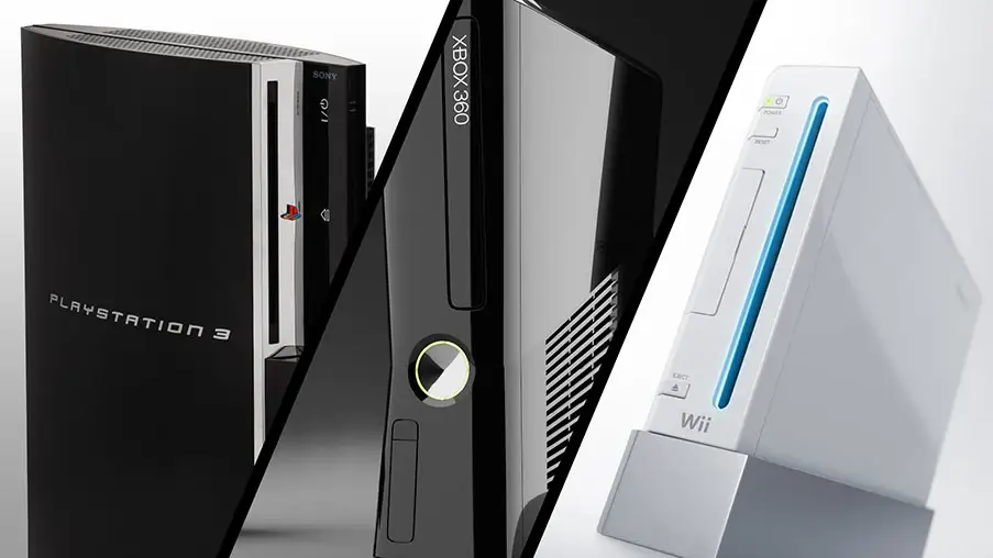 A split image of three gaming consoles: a black PlayStation 3, a black Xbox 360, and a white Nintendo Wii. A sleek, modern design is highlighted.