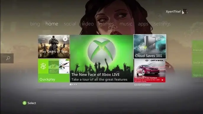 Xbox dashboard displaying game and social media tabs. Highlighted: Xbox LIVE features, Gears of War, and an ad. 