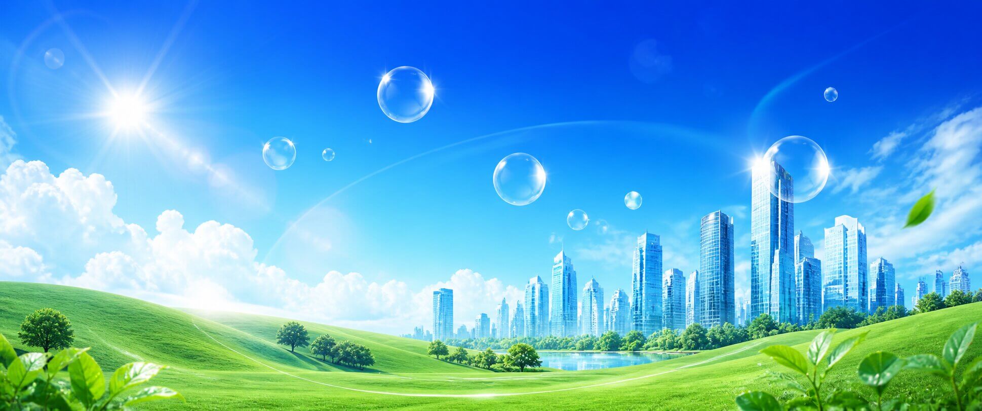 frutiger aero background grassy field with city skyline blue skies