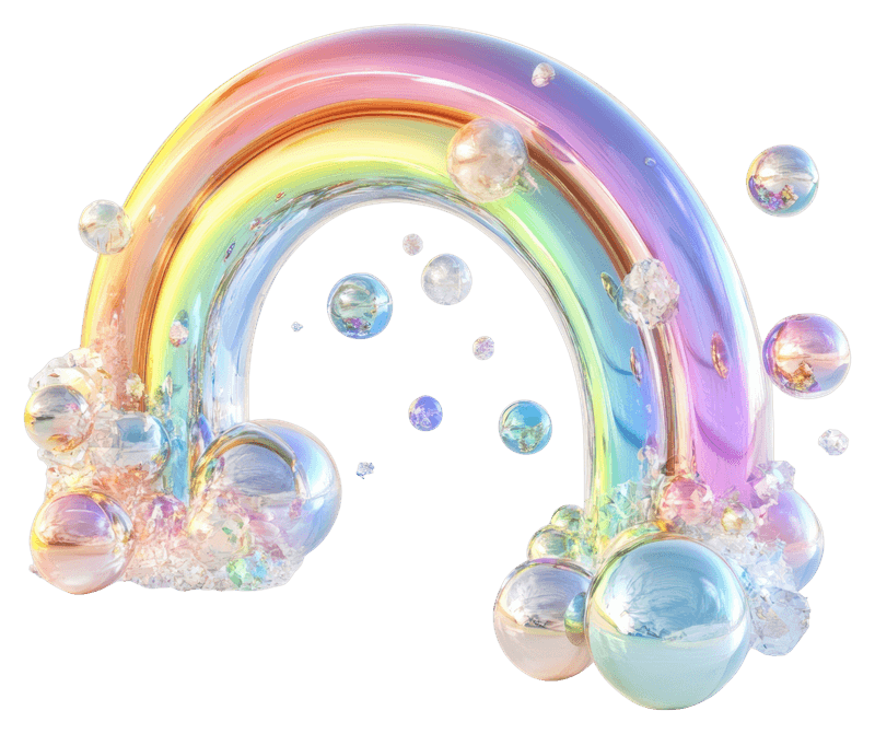 A vibrant, translucent rainbow arch, with iridescent bubbles and crystalline clusters adding a magical, ethereal feel.