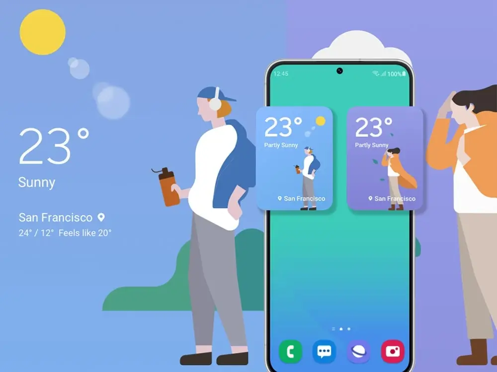Flat Illustration of a weather app displaying 23°C and sunny in San Francisco.