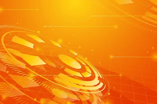Futuristic orange abstract background with glowing geometric shapes and grids. Radiating pattern creates a sense of motion and energy.