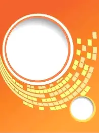 Abstract design with large white circle on vibrant orange background. Curved lines of yellow squares radiate outward.