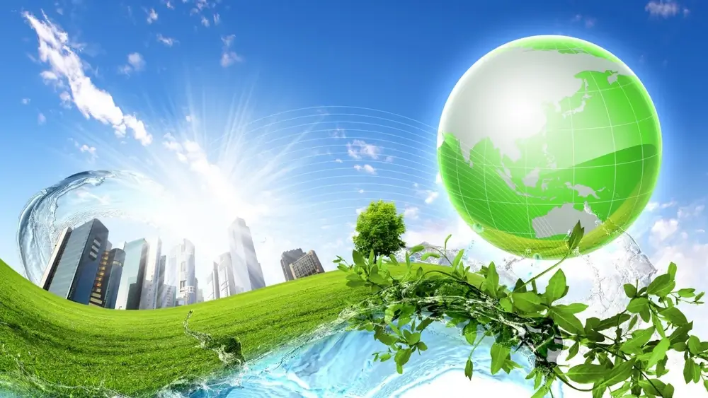 A vibrant scene with a green globe and leafy branches symbolizing sustainability. Skyscrapers and a tree under a bright sun in the background convey harmony.