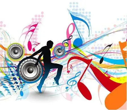 A silhouetted dancer moves. Swirling music notes and colorful sound waves. Speakers emit vibrant tones.