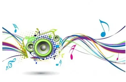 A vibrant speaker surrounded by colorful swirl patterns and musical notes.