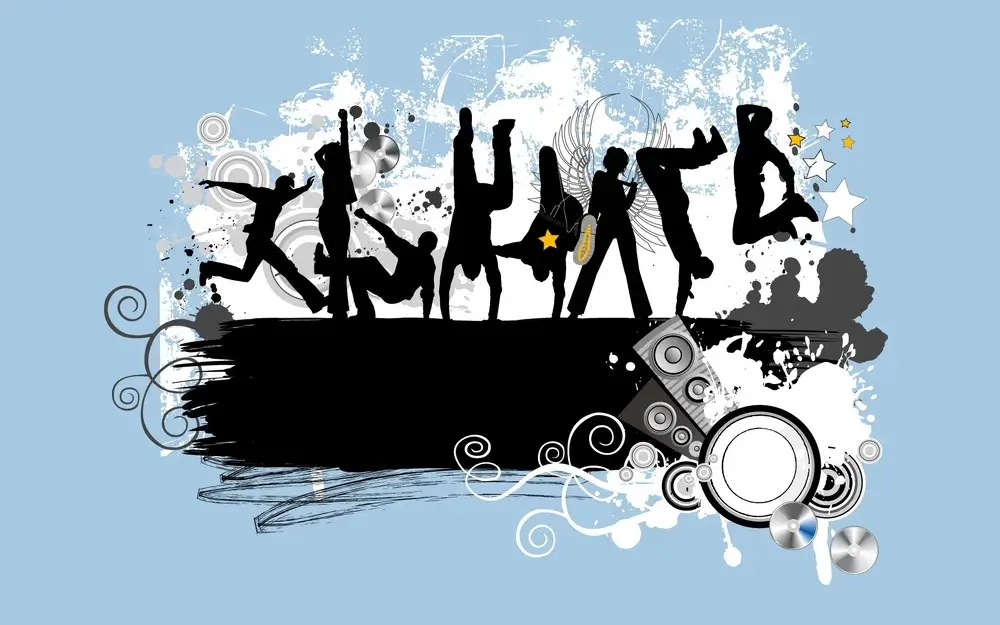 Silhouettes of breakdancers in dynamic poses. Textured abstract backdrop with speakers, stars, and swirls.