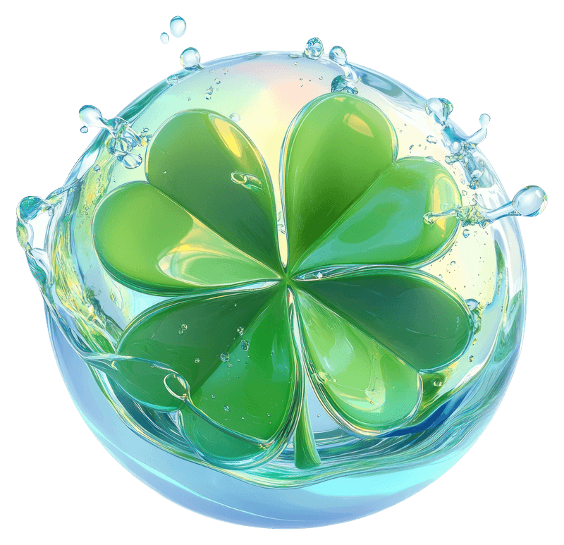 A glossy four-leaf clover encased in a transparent, iridescent water sphere, splashing water droplets.