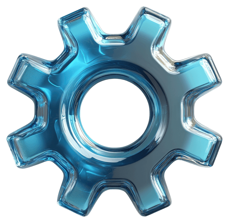 A blue, transparent gear with shiny edges. The gear’s smooth, glossy surface reflects light, conveying a sleek, modern look.