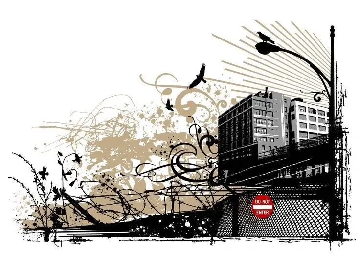 Urban graffiti art featuring a stylized cityscape with swirling patterns, birds, and a 'Do Not Enter' sign. Gritty and artistic.