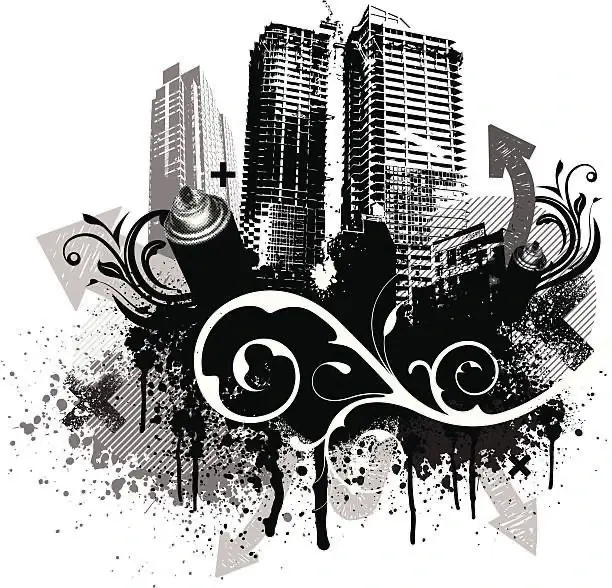 Abstract black-and-white graffiti art featuring city skyscrapers, swirling paint splashes, and spray cans. Dynamic urban and artistic vibe.