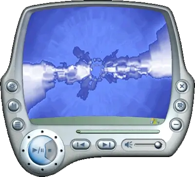Retro media player interface displaying a blue abstract visualization. Control buttons include play, pause, and skip.