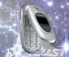 Silver flip phone. Abstract, purple-toned background. Digital and lightning elements. Futuristic and techy.
